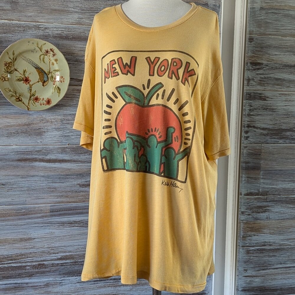 Vintage Late 90s Keith Haring Yellow New York T-Shirt Size XL Junk Food Tee